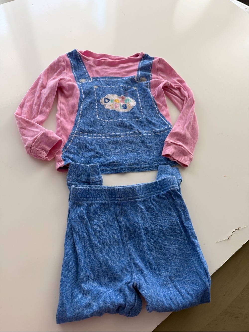 Ms Rachel Pajama Set Pink Long-Sleeve Top with Blue Overall-Style Pajama Shorts